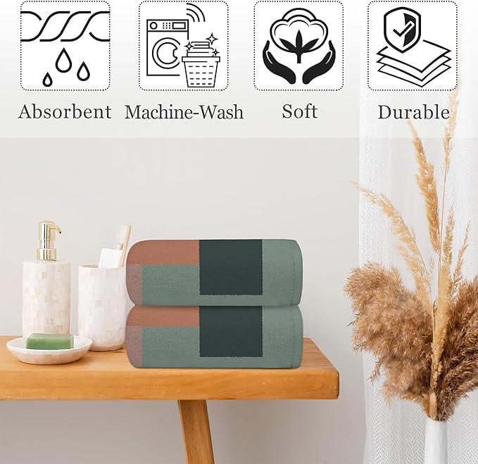 Green Orange Beige Geometric Hand Towel for Bathroom Set of 2,Boho Abstract Minimalist Checkered Art Bathroom Hand Towel,Soft Absorbent Decorative for Hotel Home Decor