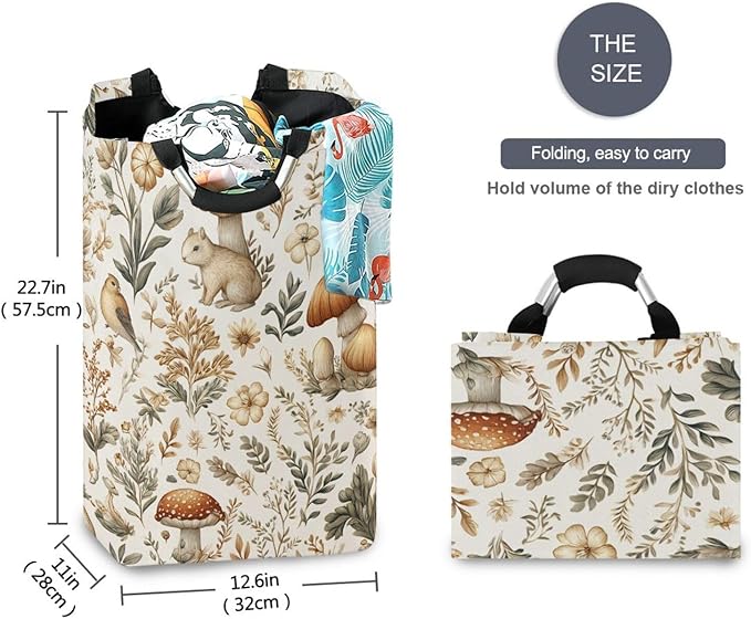 Mushrooms Berries Large Laundry Hamper Basket, Collapsible Laundry Bag Storage Bins Baskets with Handles for Laundry, Bedroom, Home Decor