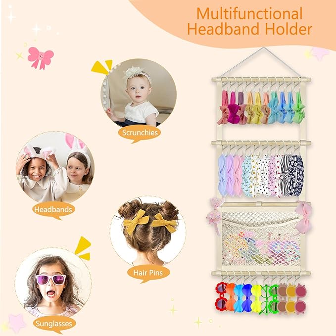 Headband Holder Bow Organizer for Girls, Large Capacity Bow Holder Hair Accessories Organizer Wall Hanging Decor for Baby Girl Toddler Room