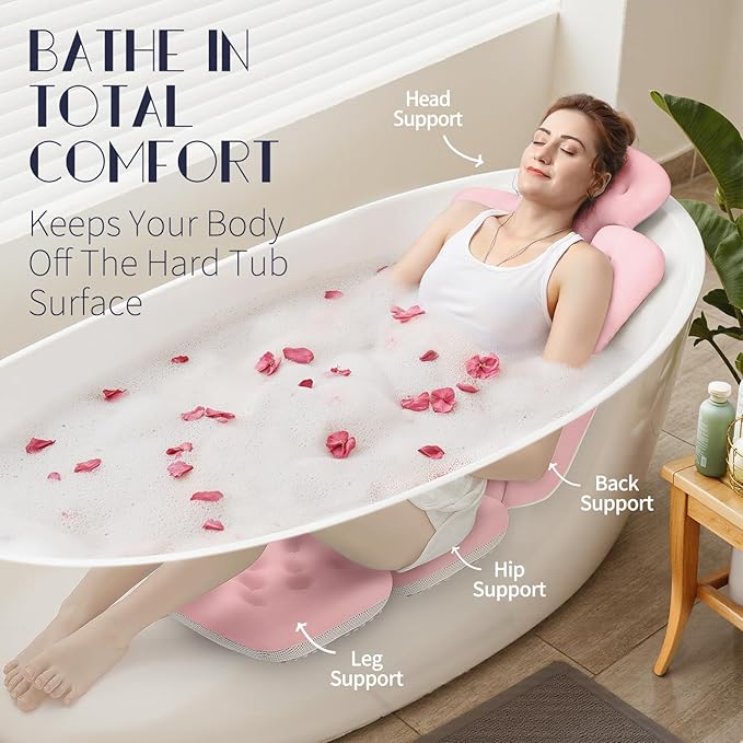 Full Body Bath Pillow for Bathtub, Thick Bathtub Cushion with Laundry Bag, Luxury Tub Pillow for Bath for Headrest Neck and Back Support Pink 56" x 16"