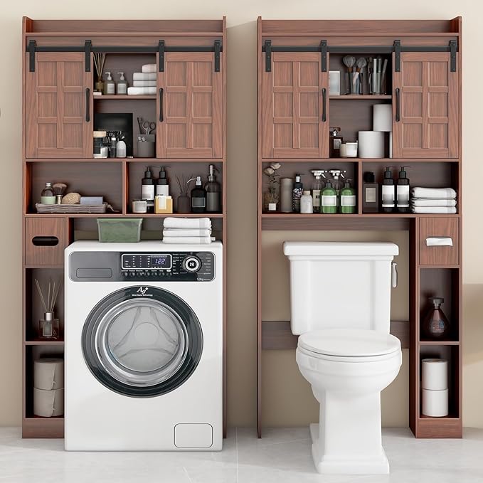 Over The Toilet Storage Cabinet, Farmhouse Storage Cabinet Over Toilet with Sliding Doors，Home Space-Saving Toilet Rack, for Bathroom, Restroom, Laundry. Walnut