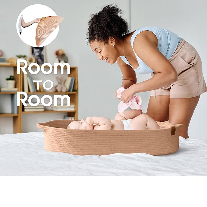 Baby Changing Basket Includes Diaper Caddy - Soft & Waterproof Dual-Cover, Portable, Changing Pad for Dresser & Changing Table, Gift for Baby Shower, Organic Cotton Rope