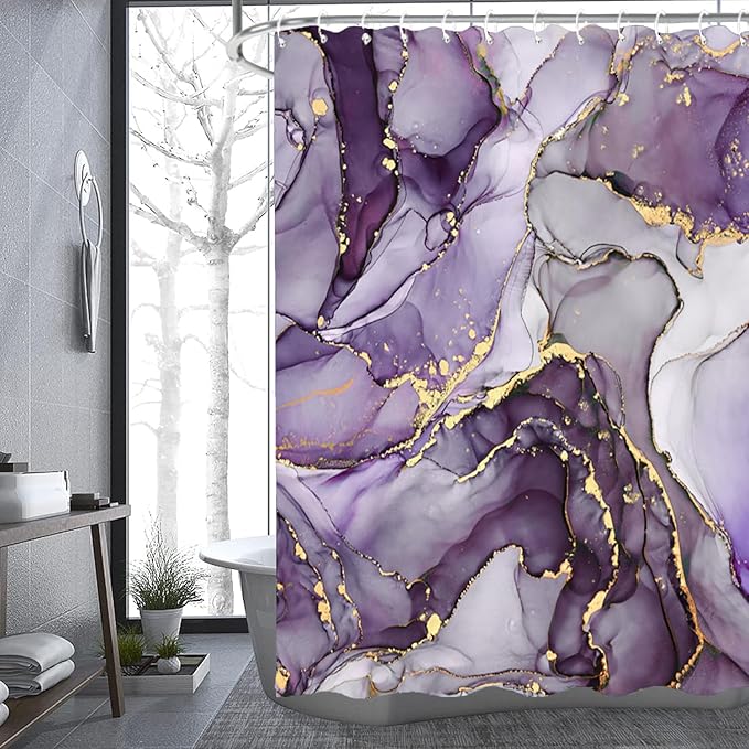 4Pcs Luxury Purple Marble Pattern Shower Curtain Set with 12 Hooks Non-Slip Rugs,Toilet Lid Cover and Bath Mat, Stylish Bathroom Decor for Hotel & Home Bathroom
