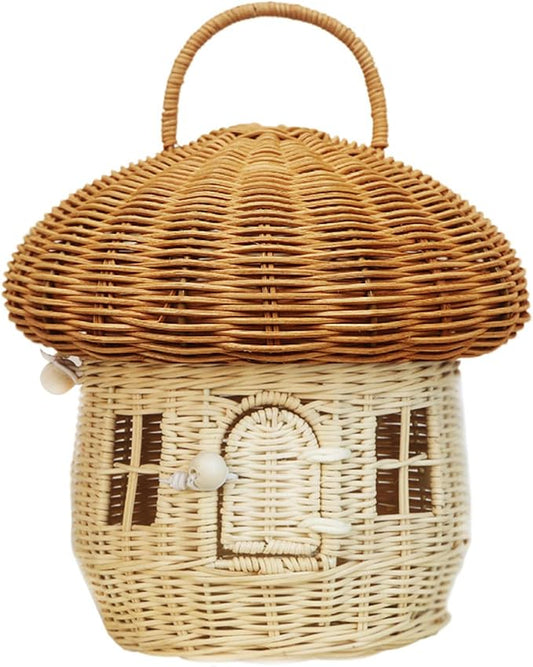 Mushroom Basket with Lid House Shaped Mushroom Basket Portable Decorative Rattan with Handle Photography Props-Gifts for Kid(RED25*26 * 26cm)