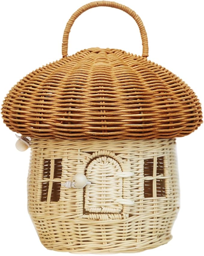 Handmade Rattan Mushroom-Shaped Storage Basket- Cute Handcrafted Decoration Artwork Rattan, Red Easy to Use(A)