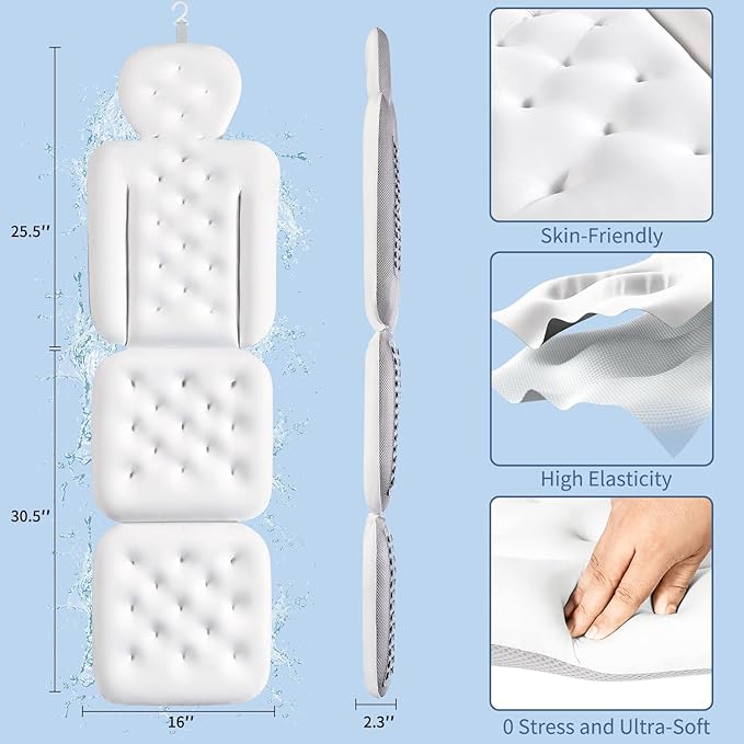 Luxury Bath Cushion, Full Body Bathtub Pillow with 160 Suction Cups, Bath Mat for Head and Neck Support, with Laundry Bag (White, 56" x 16")
