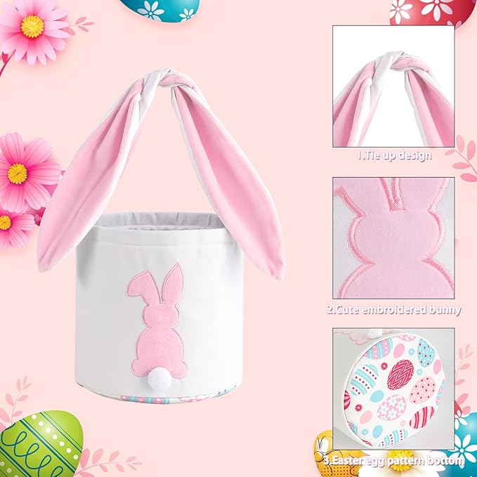 MONOBLANKS Easter Bunny Basket Bags Carrying Gift and Eggs Hunt Bag,Rabbit Canvas Toys Bucket Tote (A-Pink)