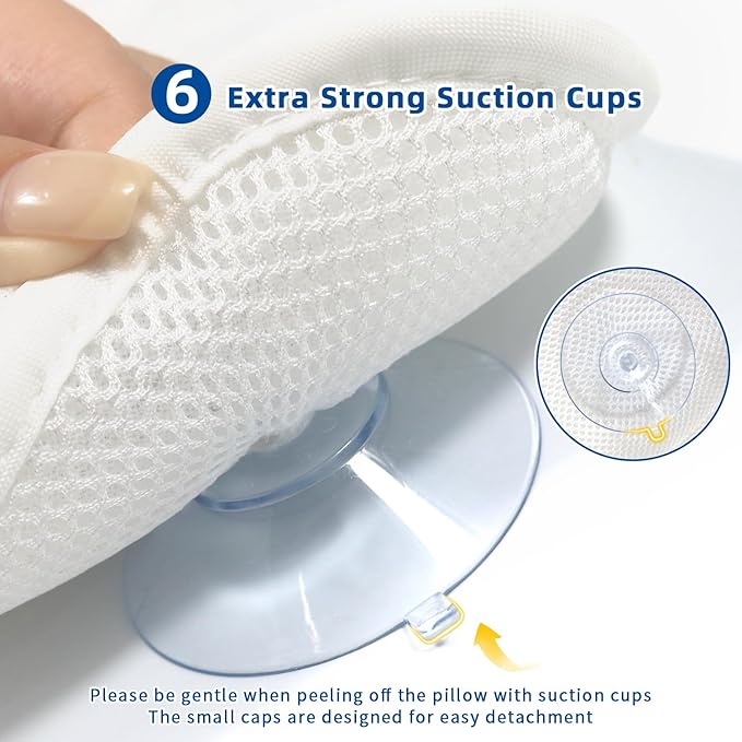 Bath Pillow, Bath Pillows for Tub Neck and Back Support, Bathtub Pillows for Head and Neck with 6 Strong Non-Slip Suction Cups, 4D Air Mesh, Bath Accessories Spa Gifts for Women(White)