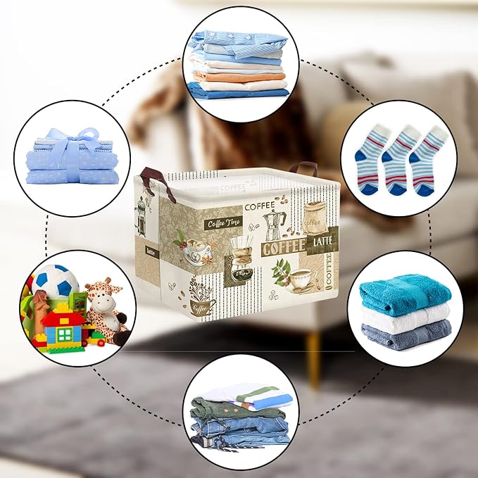 Clastyle Large Breaktime Coffee Theme Storage Basket Coffee Bean Cup Snack Kitchen Storage Bin Rectangle Brown Basket for Clothes Toy Book