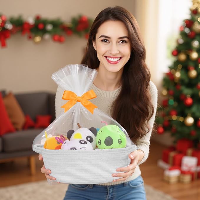 Small Woven Basket with Gift Bags and Ribbons, Durable Baskets for Gifts Empty, Rope Basket for Storage Baby Toy Baskets with Handles, White