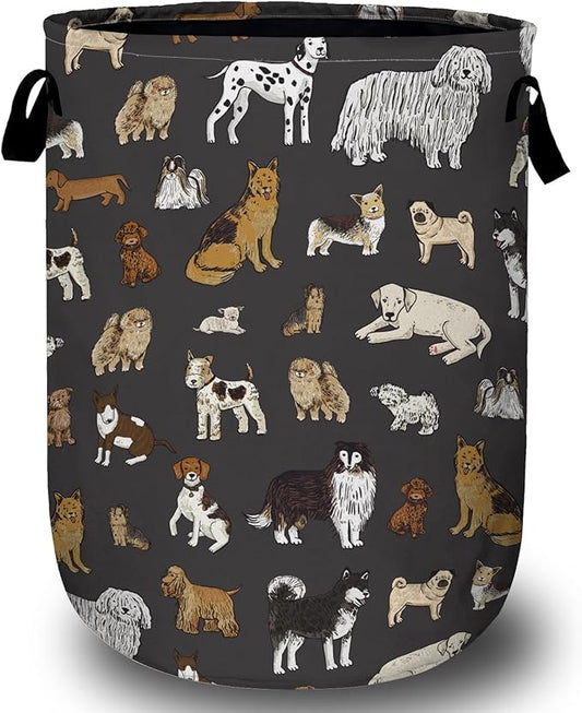 Cute Dogs Laundry Basket, Foldable Dog Lover Laundry Hamper Tote Bag Dirty Clothes Storage Bucket Toy Organizer for Bathroom/Laundry/Bedroom 15.7"x19.6"