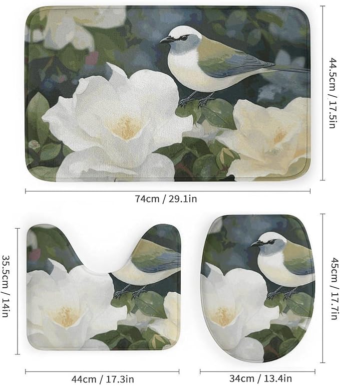 4 Piece Bathroom Rug Set with Shower Curtain, Non-Slip Bath Mat Toilet Cover Set, Gardenia Flowers Birds Bathroom Rug Sets
