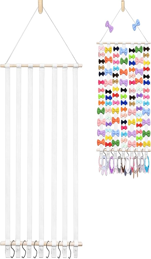 48.5" X 16.5" Bow Holder for Girls Hair Bows, Baby Bow Holder w/7 Cotton Ribbons, 6 Plastic Hooks, 1 Seamless Hook & 1 Wooden Wall Hook, Hair Bow Organizer for Girls