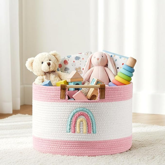 Cotton Rope Baskets for Kids Stuffed Animal Toys Storage for Nursery, Baby Baskets for Gifts Empty, Woven Basket with Wooden Handles Blanket Towel Toy 0rganizer Girls Blanket Storage Bins, Rainbow