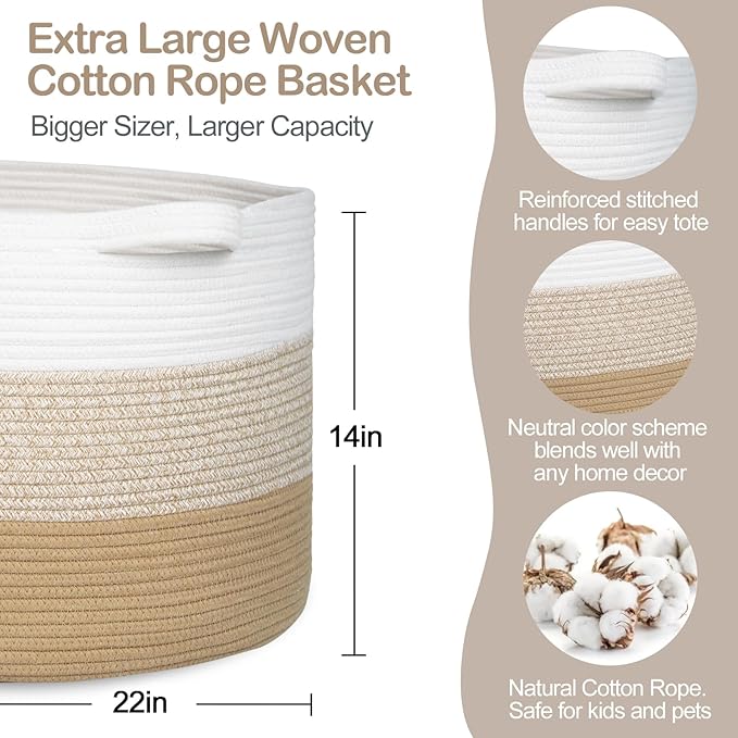Extra Large Storage Basket, 22” X 22” X 14” Blanket Basket Living Room, Kids Toy Box Organizer, Woven Cotton Rope Baskets for Storage, Soft Dog Toy Bin, Wicker Pillow Blanket Holder