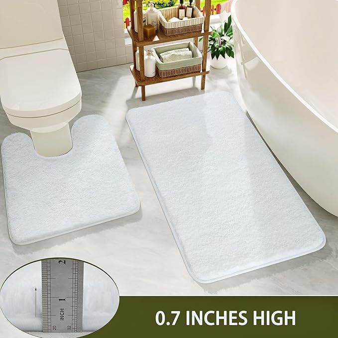 HOMORE White Bathroom Rug Set 2 Piece,Soft Absorbent Bath Mats Set,Machine Washable Bath Rug Sets for Bathroom Non Slip,(21"x34"+21"x21") Plush Shaggy U Shape Contour Toilet