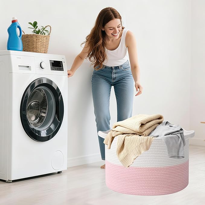 65L Large Blanket Basket,19.7" L x 19.7" W x 13" H Rope Woven Baskets with Handles, Toys Storage Bins,Laundry Basket Perfect for Living Room, Nursery,Bedroom,Home Organization,White&Pink