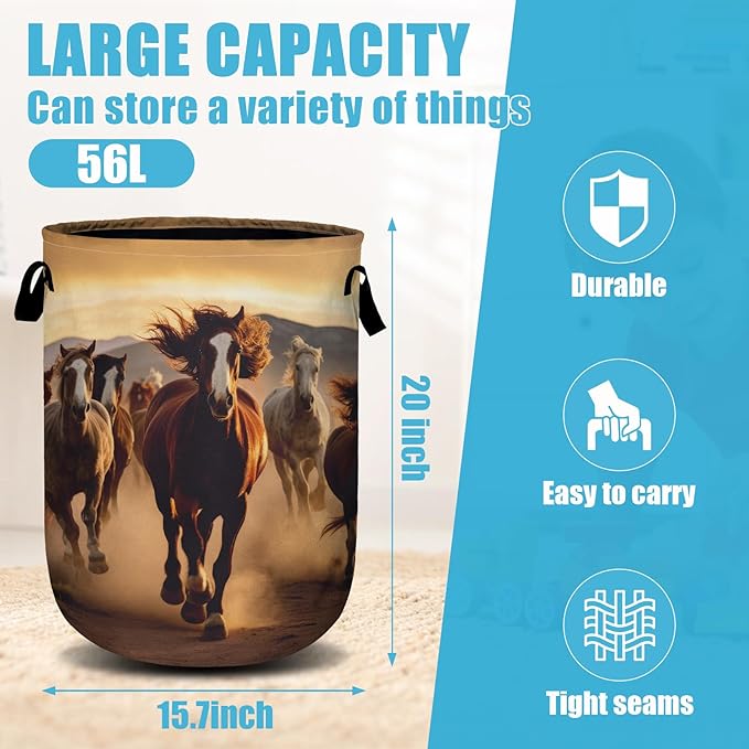 Running Horse Laundry Basket, Laundry Hamper Collapsible Oxford Cloth with Handle Clothes Toy Storage Bin for Bathroom Laundry Room Bedroom 15.7 X 20 Inch