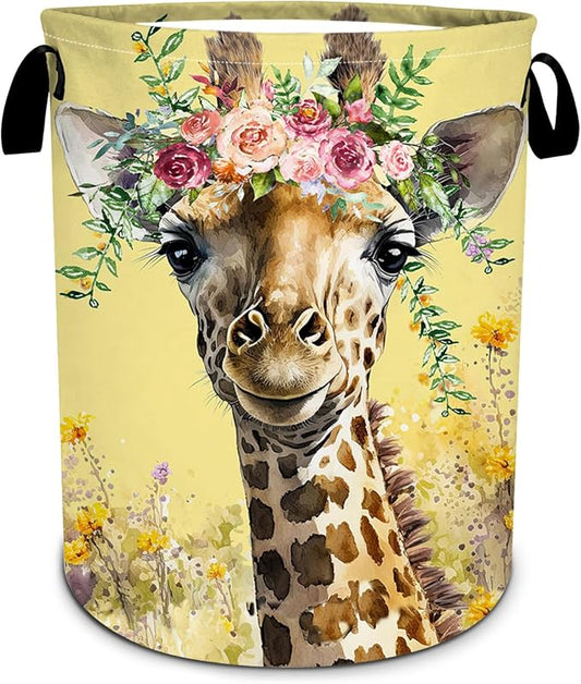 Giraffe Flower Laundry Basket, Foldable Waterproof Oxford Cloth Laundry Hamper Funny Tote Bag Dirty Clothes Storage Bucket Toy Organizer for Bathroom/Laundry/Bedroom 15.7"x19.6"