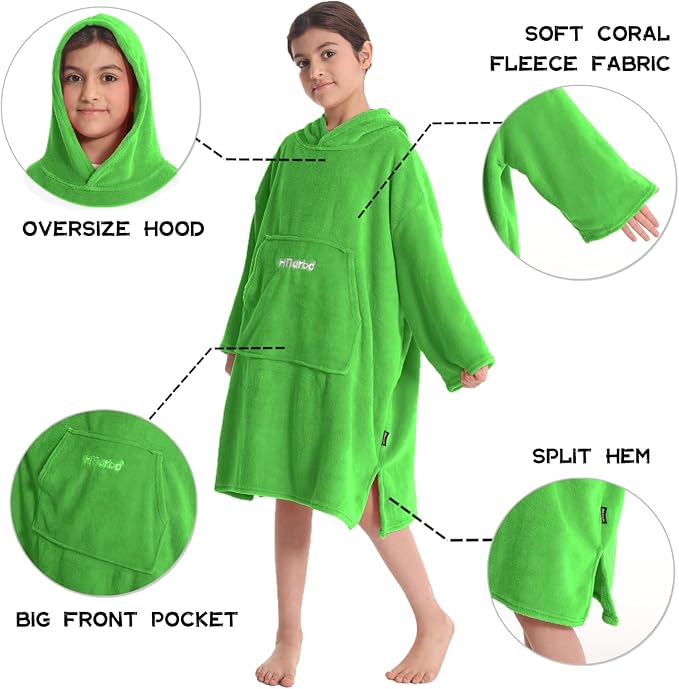 Hiturbo Kids Towel Changing Robe: Soft Plush Wearable Blanket - Warm Coral Fleece Hoodie - Swim Surf Poncho for 5-12 Years (Green)