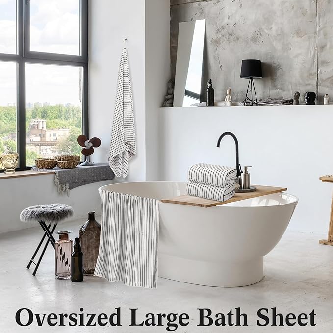 4 Pieces Extra Large Black and White Striped Bath Towels Set 35 x 70 in Coral Fleece Oversized Bathroom Pool Towel Highly Absorbent Soft Quick Dry Shower Bath Sheets for Hotel Spa Pool