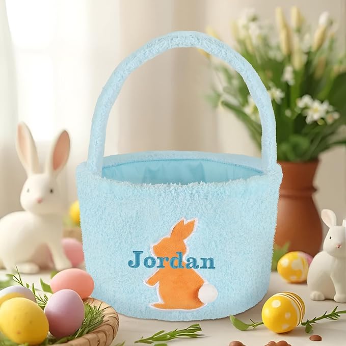 Easter Basket for Kids, VAPCUFF Easter Bunny Basket, Personalized Easter Baskets, Easter Basket with Name - - Blue Basket Brown Bunny