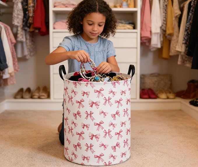 Essme Kids Laundry Basket,Pink Hamper Waterproof Storage Bin for Girls, Pink Hamper,Gift Baskets(Pink Bowknot)