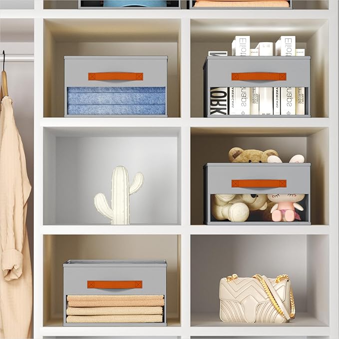 Closet Organizers and Storage - 10 Pack Storage Bins Baskets for Organization Foldable Closet Organizer with Clear Window & Handles for Clothes, Toys, Towels, Small Essentials (Grey)