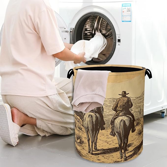 Western Cowboy Laundry Basket,Oxford Cloth Laundry Hamper with Handle Foldable Portable Clothes Storage Basket for Bathroom Bedroom Dorm Room 16" x 20.8"