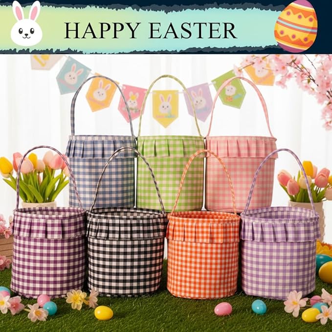Personalized Easter Baskets for Kids Bunny Bucket Egg Basket Gingham Candy with Handle Tote Bucket Reusable Goody Baskets for Kids Gifts Bags