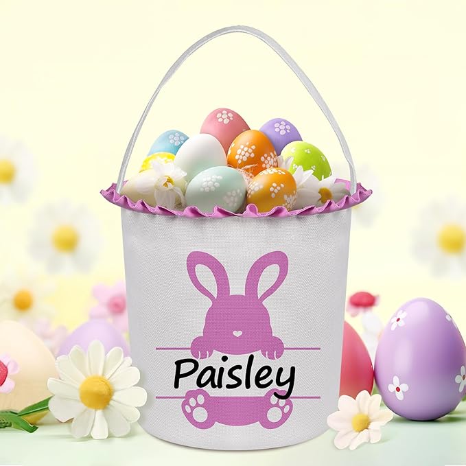 Easter Baskets for Girls Boys, Personalized Easter Basket with Name - Cute Pink Bunny