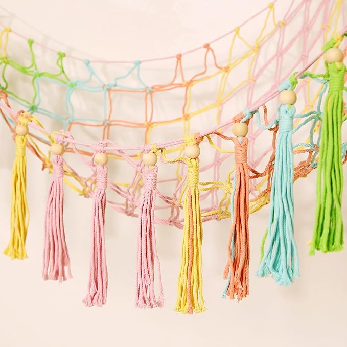 Stuffed Animals Hammock Corner Hanging Net with Wooden Beads Macrame Stuffed Animal Storage Ideas Plush Holder Toy Organizer for Boho Nursery Playroom Bedroom Kids Room Decor (Colorful, X-Large)