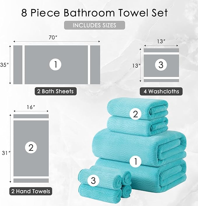 8 Piece Bath Towel Set |2 Oversized Large Bath Sheet,2 Hand Towels,4 Washcloths| Ultra Soft Cozy Bath Towel Set for Bathroom Hotel Gym Spa,Highly Absorbent & Quick Dry Bathroom Towel Collections,Teal