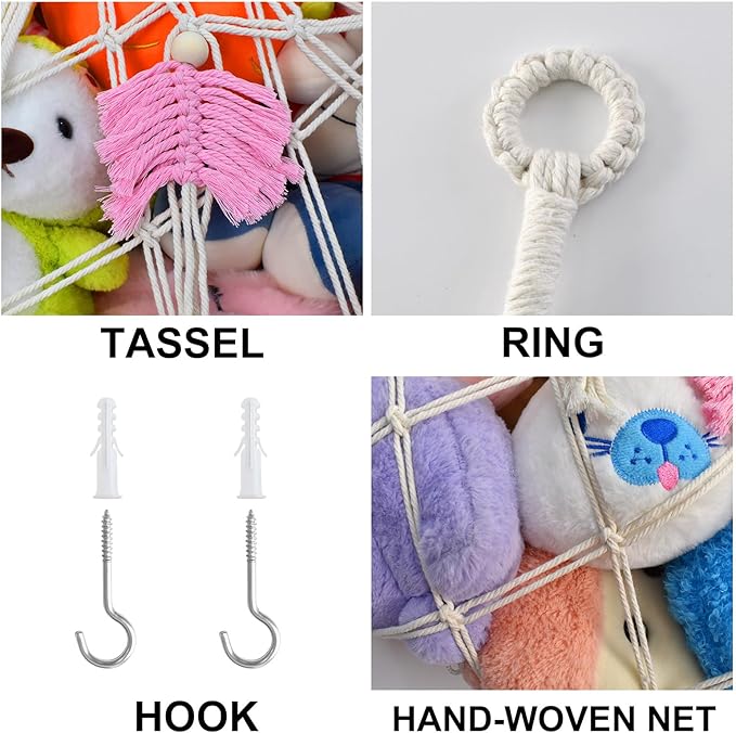 60"Stuffed Animal Net or Hammock for Stuffed Animal Storage,Flat Wall Mounted Hanging Net Organizer for Kids Plush Toys,Space-Saving Wall Storage with Hooks,Durable Mesh for Nursery & Playroom (White)