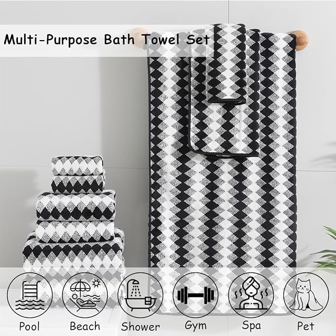 12 Pcs Black White Diamond Towel Set-4 Bath Towels,4 Hand Towels,4 Washcloths Soft Polyester Towels with Loop Absorbent Shower Towel Quick Dry Beach Chair Towel Family Towels for Bathroom Spa Gym Pool