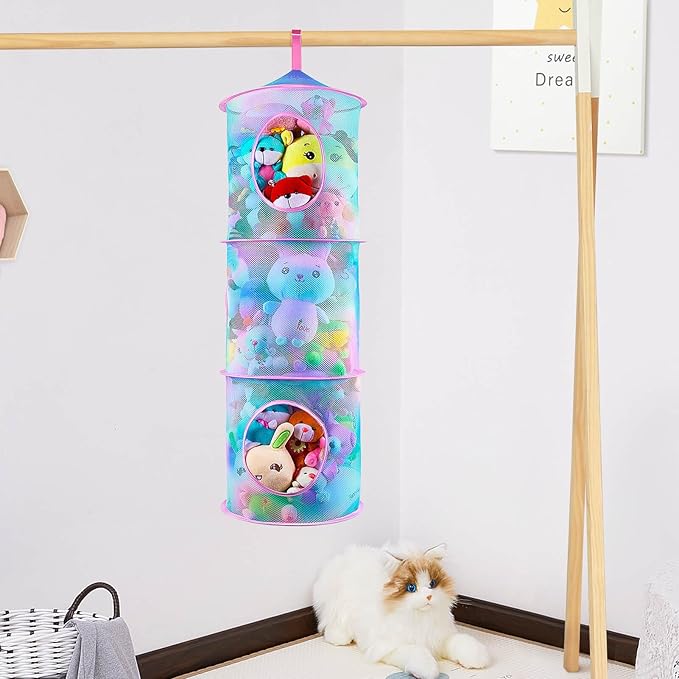 Basumee Stuffed Animals Net or Hammock 2 Pcs Stuffed Animals Storage Toy Net Hammock for Plushies Storage Organizer Mesh Kids Girls Room Decor, Blue Teal, 3 Tiers