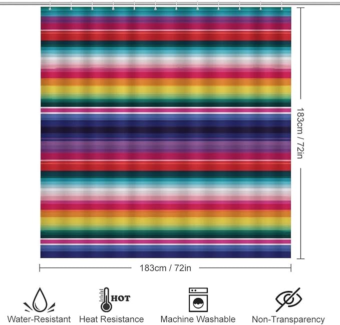 4 Piece Bathroom Rug Set with Shower Curtain, Non-Slip Bath Mat Toilet Cover Set, Colorful Mexican Stripes Bathroom Rug Sets