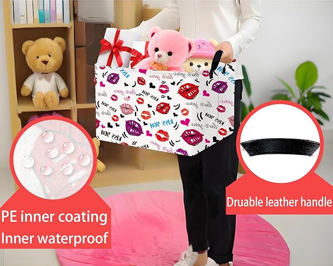 Large Valentine's Day Basket Heart Shaped Storage Bin for Gifts Collapsible Organizer Room Decor (Mouth Black Love)