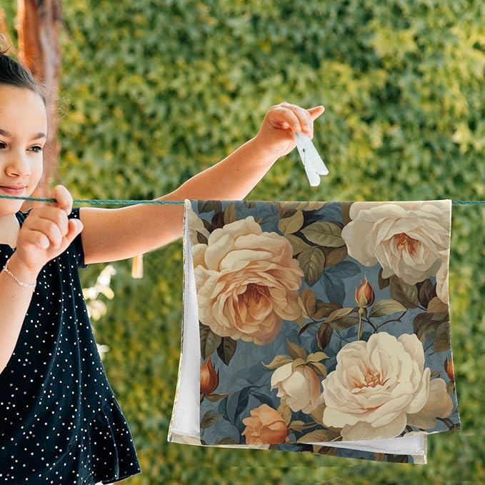 2 Pcs Vintage Orange Rose Floral Hand Towels for Bathroom,Soft Absorbent Retro Elegant Pink Peony Flower Painting Dish Towels for Kitchen,Decorative Bathroom Towels for Face,Shower 14"x28"