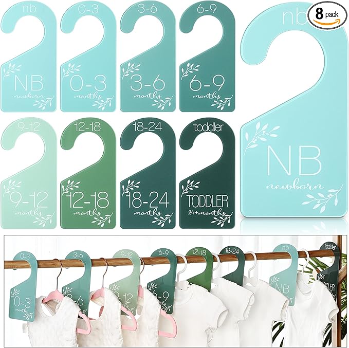 8 Pcs Baby Closet Size Dividers Acrylic Baby Closet Dividers Nursery Closet Dividers Baby Clothes Size Hanger Baby Wardrobe Organizers Infant Wardrobe Separator, 7 x 3 Inch (Green)