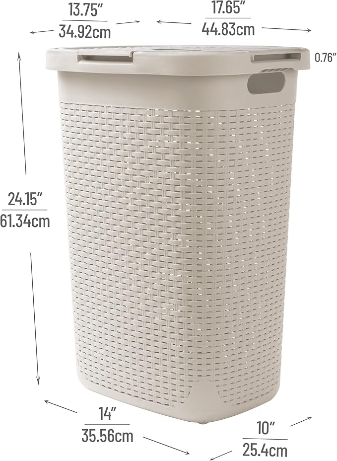 Mind Reader Slim Laundry Hamper with Lid, 60L Clothes Baskets, Premium Wicker Design, Plastic, 2-Pack, Ivory