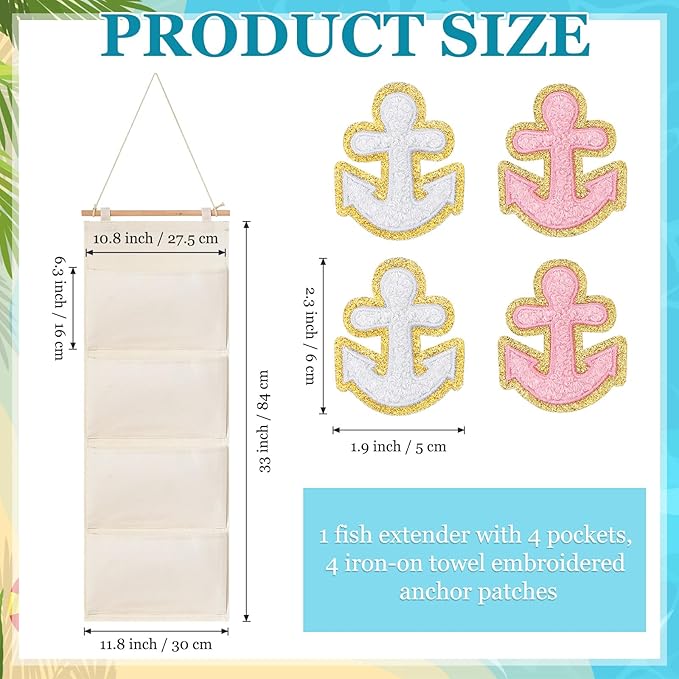 Fish Extender Cruise Gift Hanging Organizer with 4 Pockets and Iron on Anchor Patch Cabin Door Storage Bag 2026 Fe for Cruise Essentials Exchange Gift Pixie Dusting(Beige, Pink, White)