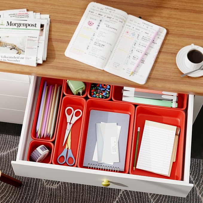 45 Pack Desk Drawer Organizer Tray, 3 Sizes Plastic Drawers Organizer Storage for Kitchen, Bathroom, Office, Vanity, Makeup, Utensils, Junk Drawer Organizer Bins, Gadget Trays for Organizing, Red
