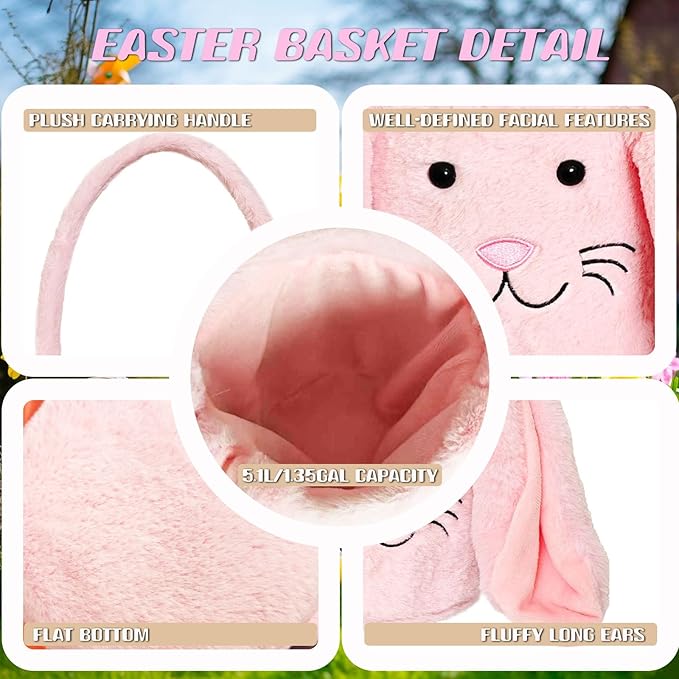 Easter Bunny Basket for Kids, Fluffy Easter Egg Hunt Bag Soft Fabric, Cute Rabbit Tote Bags with Long Plush Ear Easter Tote Bags for Candy Gifts Storage (Pink)