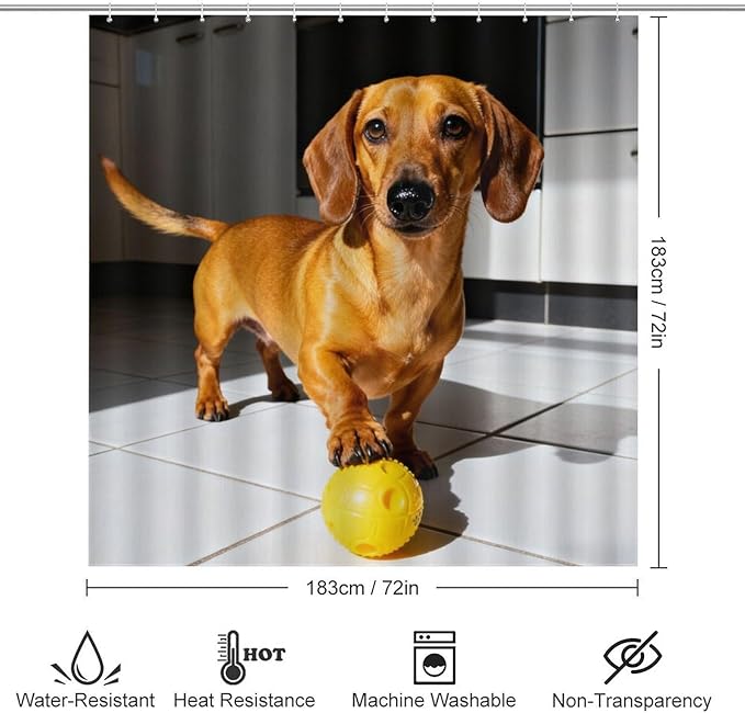 4 Piece Bathroom Rug Set with Shower Curtain, Non-Slip Bath Mat Toilet Cover Set, Dachshund Running Bathroom Rug Sets