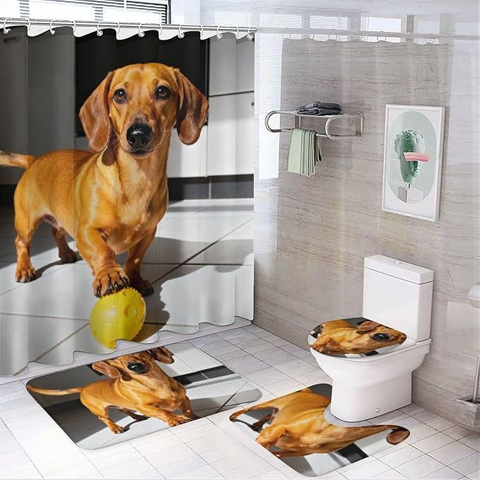 4 Piece Bathroom Rug Set with Shower Curtain, Non-Slip Bath Mat Toilet Cover Set, Dachshund Running Bathroom Rug Sets
