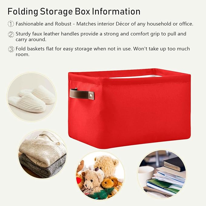 YETTASBIN Red Solid Color Storage Basket 2pc, Large Collapsible Toys Clothes Organizer, Durable Canvas Storage Bin with Handle for Shelves Closet Laundry Home Office Decor