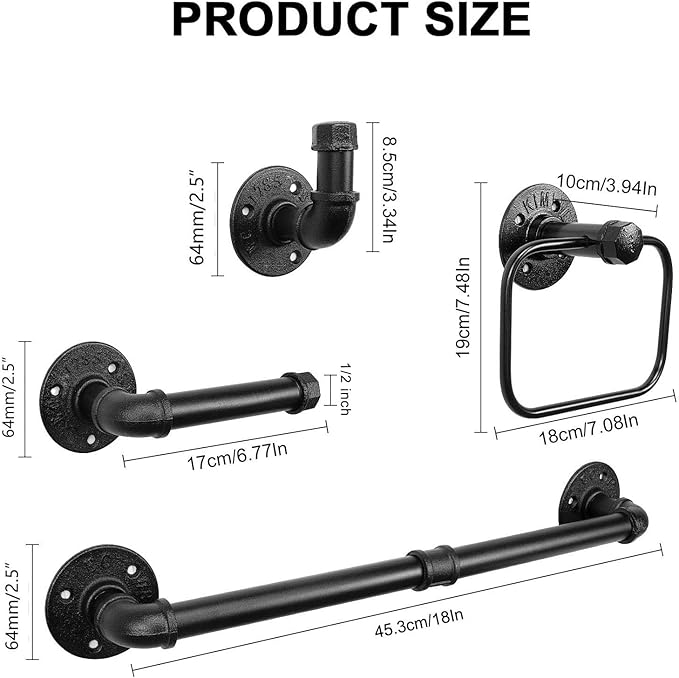 4-Pieces Industrial Pipe Bathroom Towel Ring Kit DIY Wall Mount Accessories Kit Includes Robe Hook Towel Bar and Towel Ring (18 inch)