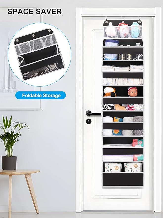 Over the Door Storage Hanging, 6 Tier Behind Door Organizer for Bedroom Nursery Closet to Store Diapers/Toys/Shoes/Sundries/Stuffed Animals/Bags, 1 Pack, Black