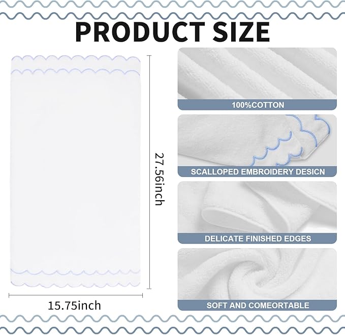 2 Pcs Coquette Bow 100% Cotton Hand Towels for Bathroom Scalloped Hand Towels 16 * 27 Inch Embroidered Decorative 600 GSM Soft Absorbent Bath Towel for Spa Yoga Hotel Sport (Royal Blue)